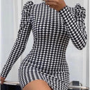 Vestido feminino blogger de manga comprida bufante curto com gola alta